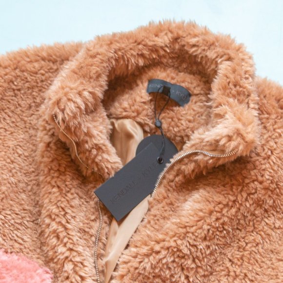 NEW Kendall Kylie Revolve Color Block Sherpa Knit Front Zip Utility Jacket Sz L - Picture 3 of 10